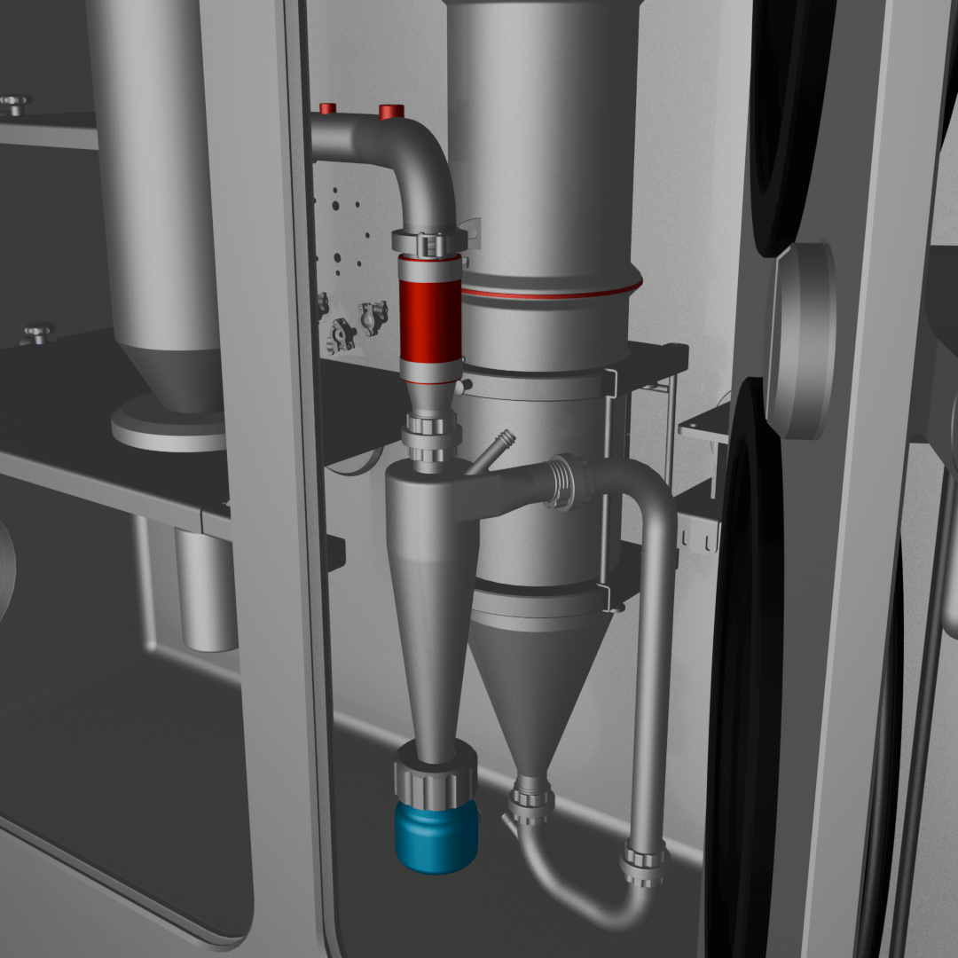 Detailed view of industrial piping and filtration system inside an isolator, part of Schedio's formulation development service.