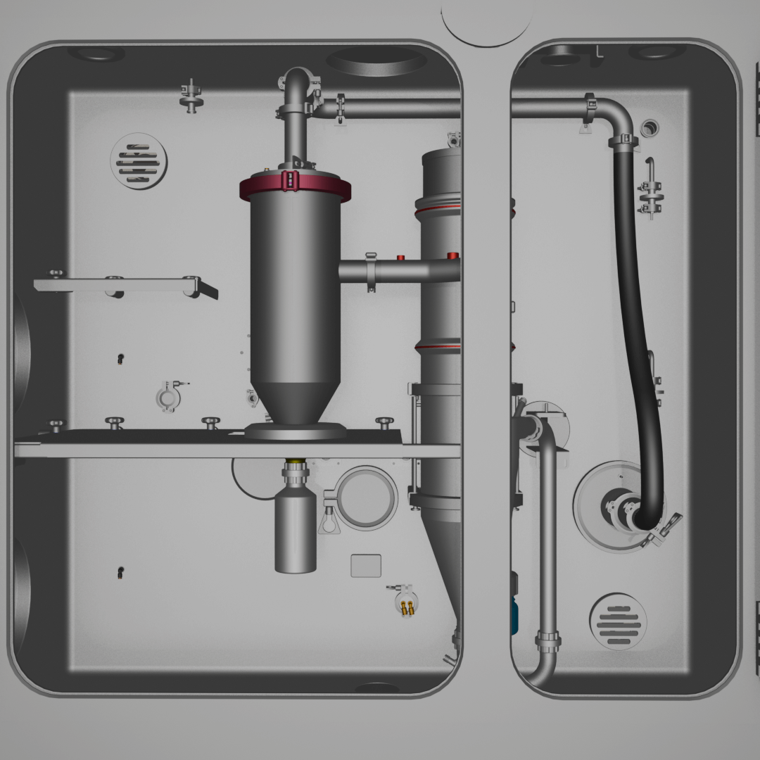 Interior view of industrial process equipment showing pipes, valves, and filtration units used in formulation development at Schedio.
