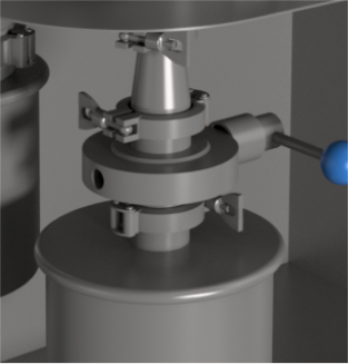 Close-up view of an industrial component with a metal funnel, shut-off valves, and fittings, part of a complex machinery system.