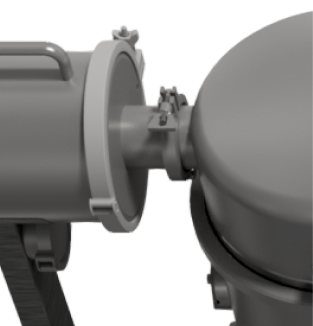 Top view of an industrial equipment section, showcasing a connection between two cylindrical components with a secure clamp, used in processing systems.