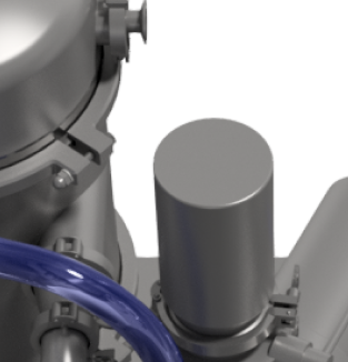 Close-up view of an industrial machine's top section, featuring a cylindrical part and a blue hose connection, designed for fluid or material transfer.
