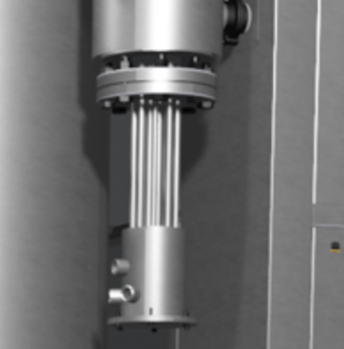 Close-up of a metallic high-precision component from Schedio spray drying equipment, showing cylindrical parts and connectors.