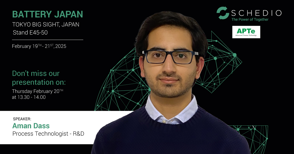 Aman Dass, Process Technologist at Schedio, presenting at Battery Japan 2025 in Tokyo with Schedio branding visible