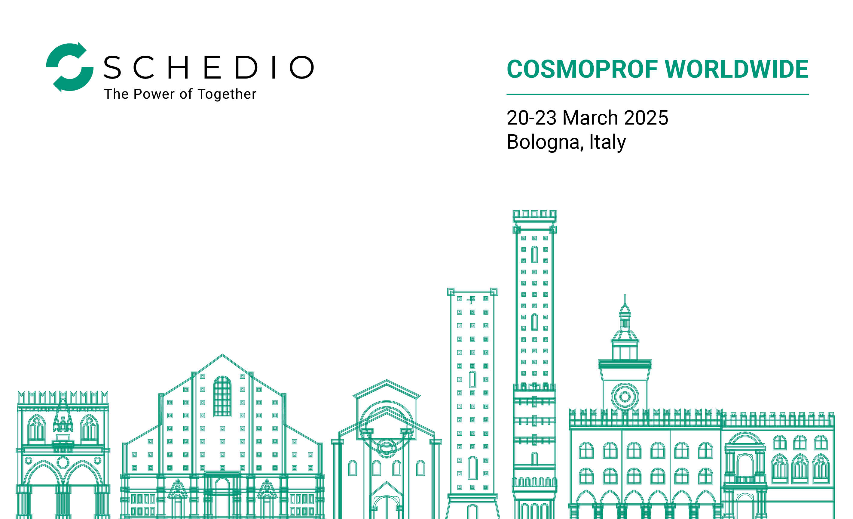 Schedio participation announcement for Cosmoprof Worldwide 2025, held in Bologna, Italy, with stylized green line art of the city skyline and monuments.