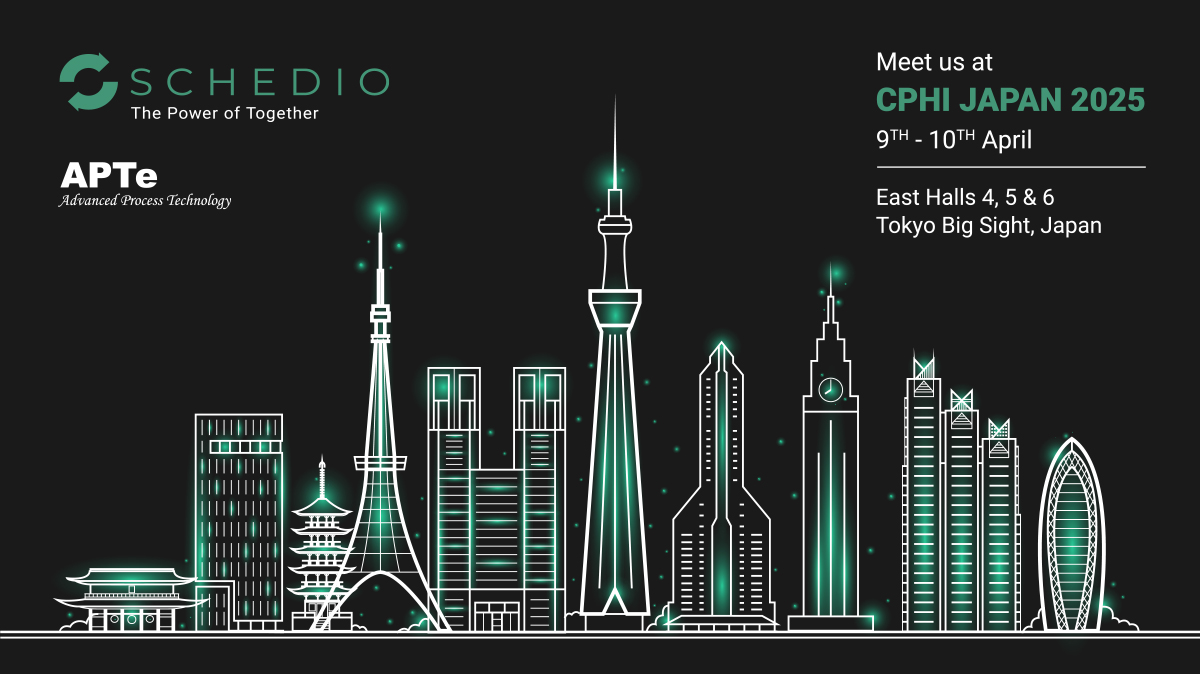 Event invitation for CPHI Japan 2025 by Schedio and APTe, featuring a glowing Tokyo skyline with event dates and venue information.