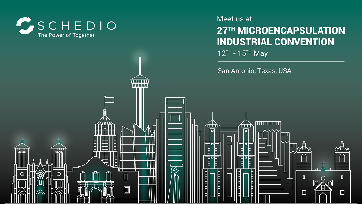 Schedio event announcement for the 27th Microencapsulation Industrial Convention, held in San Antonio, Texas. The image features a stylized skyline of the city with glowing architectural outlines.