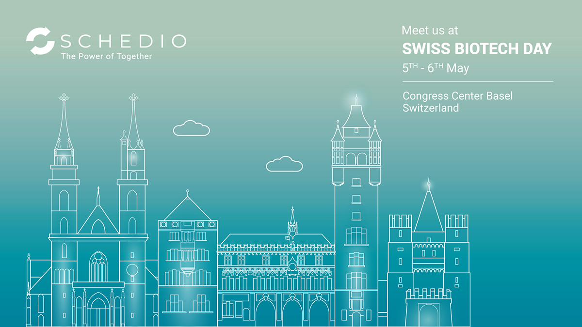 Promotional visual for Schedio’s participation at Swiss Biotech Day, taking place at Congress Center Basel, Switzerland. Includes a light-drawn skyline with iconic Basel landmarks.