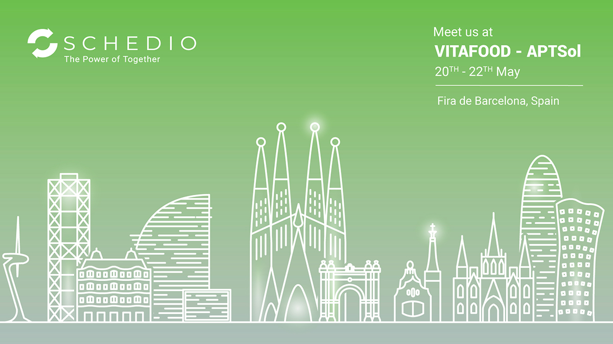 Schedio invitation to VITAFOOD APTSol in Barcelona, Spain. The illustration displays a stylized cityscape with the Sagrada Familia and other famous Barcelona landmarks on a green gradient background.