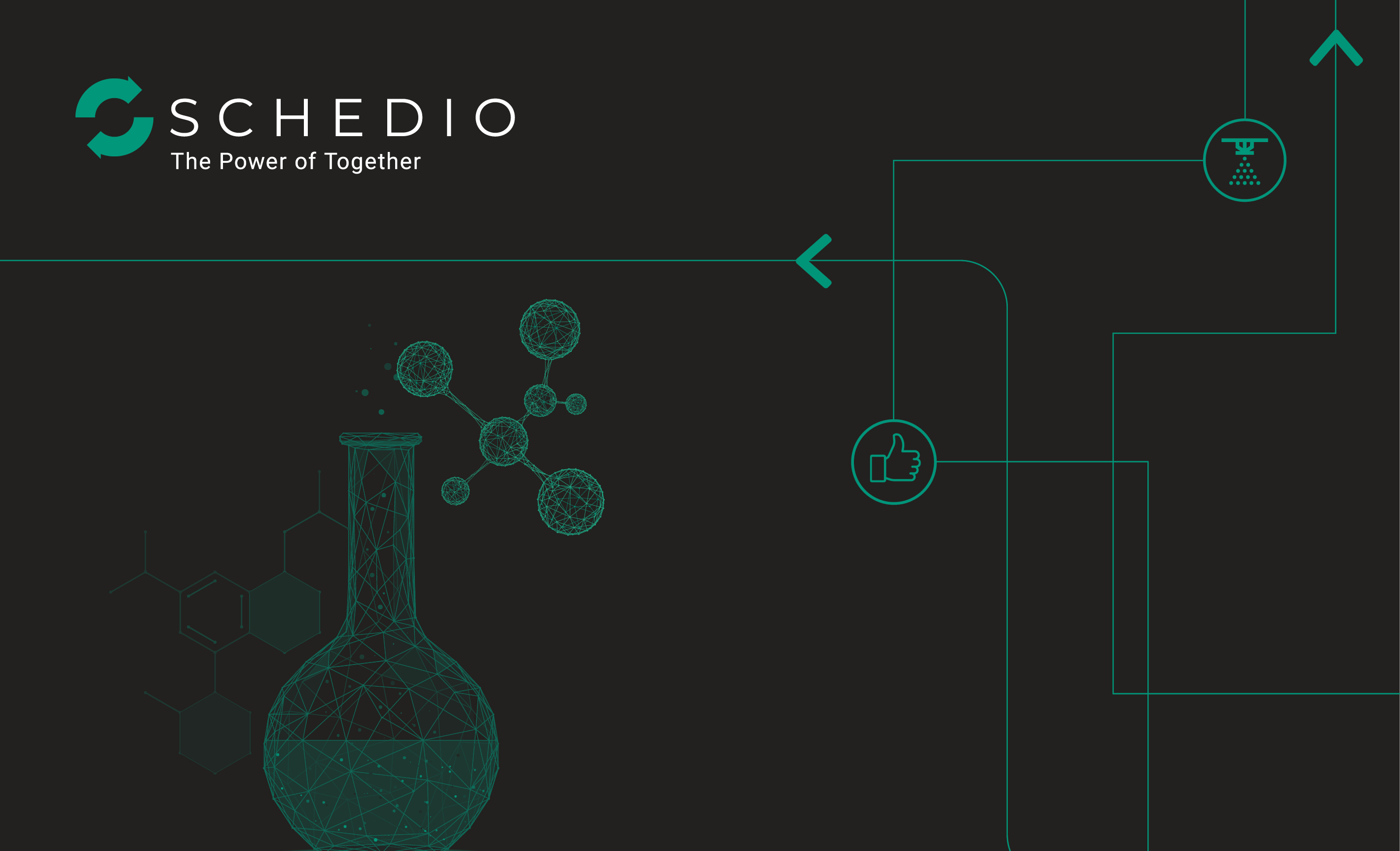 Stylized illustration featuring a laboratory flask, molecular network, and spray drying process icons, representing Schedio’s expertise in scale-up solutions for spray drying.