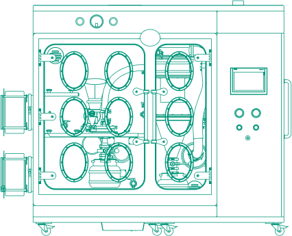 Technical blueprint of a containment system with multiple access ports and a control panel, used for industrial applications.