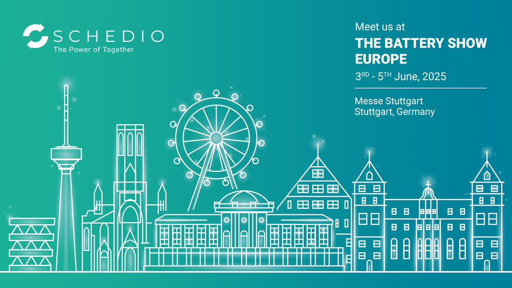 Schedio at The Battery Show Europe 2025 in Stuttgart – event banner with stylized cityscape