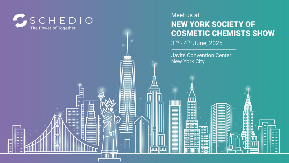 Schedio at NYSCC Show 2025 in New York – event banner with stylized Manhattan skyline and Statue of Liberty