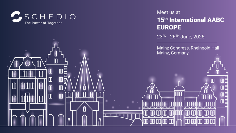 Schedio at 15th International AABC Europe 2025 in Mainz, Germany – event banner with stylized cityscape