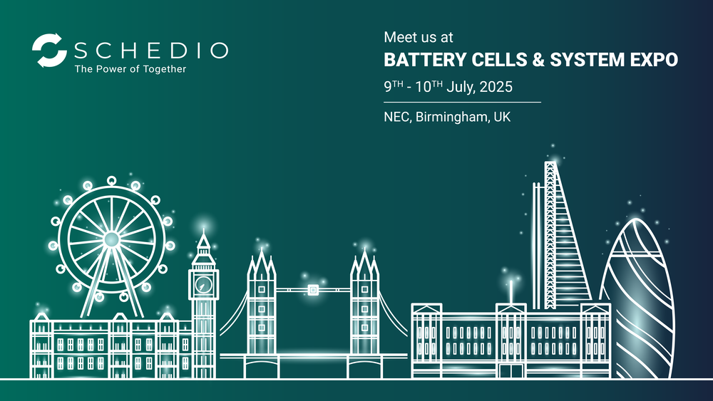 Schedio at Battery Cells & System Expo 2025 in Birmingham, UK – event banner with London skyline illustration