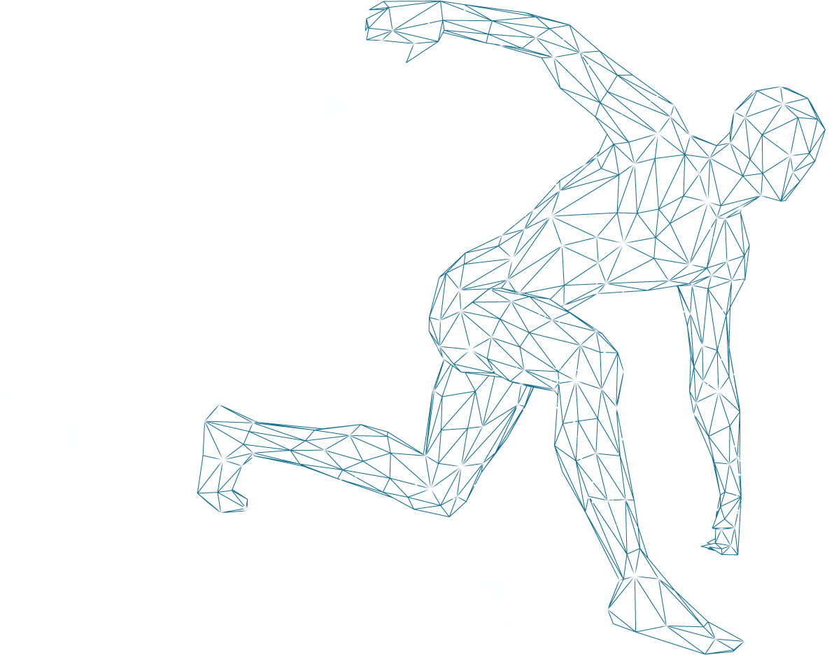 Stylized wireframe figure in motion symbolizing industrial precision and innovation