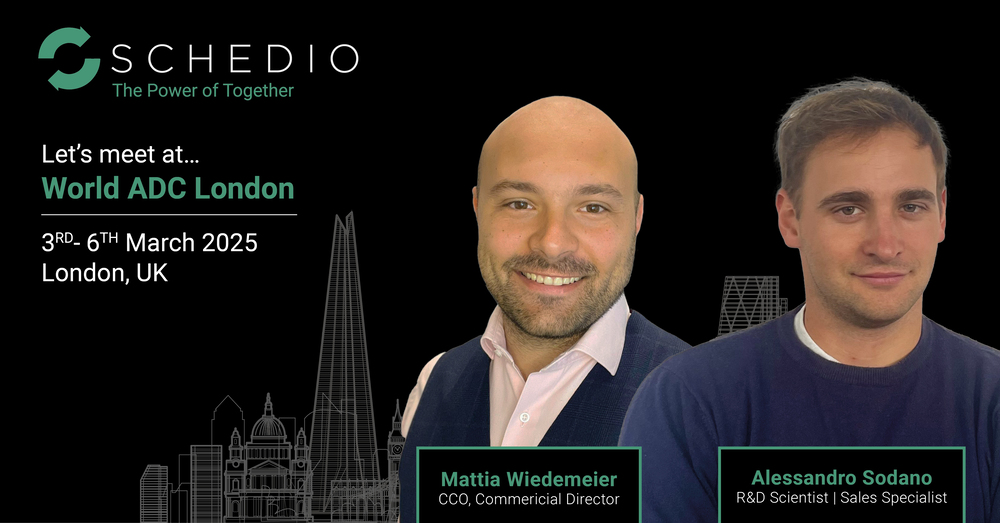 Event banner for Schedio’s participation at World ADC London 2025, featuring portraits of Mattia Wiedemeier and Alessandro Sodano over a black background with London skyline outline.
