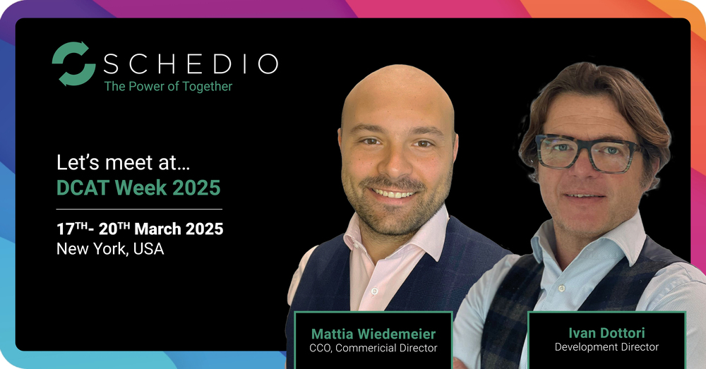 Event banner for Schedio’s participation at DCAT Week 2025 in New York, featuring portraits of Mattia Wiedemeier and Ivan Dottori with a colorful background and event details.