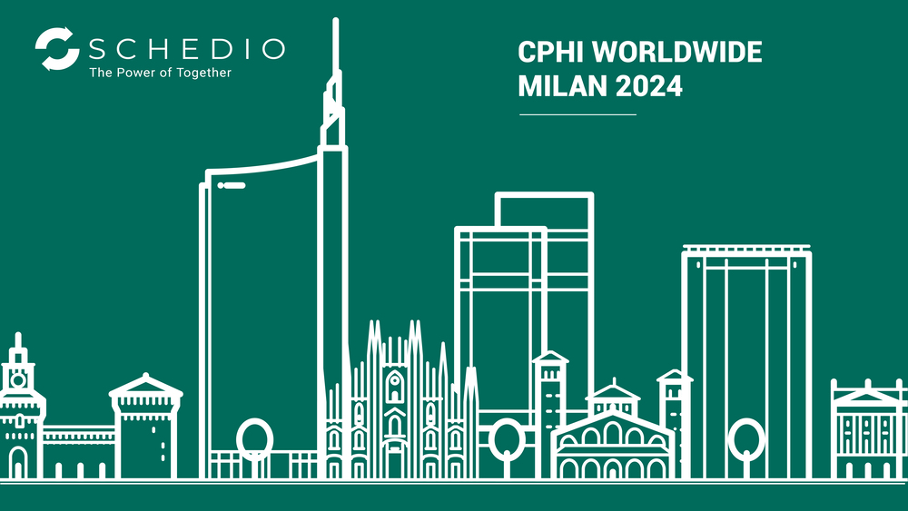 Schedio promotional graphic for CPHI Worldwide Milan 2024 featuring a line-art skyline of Milan, including iconic landmarks and modern buildings, alongside the Schedio logo with the tagline 'The Power of Together.'