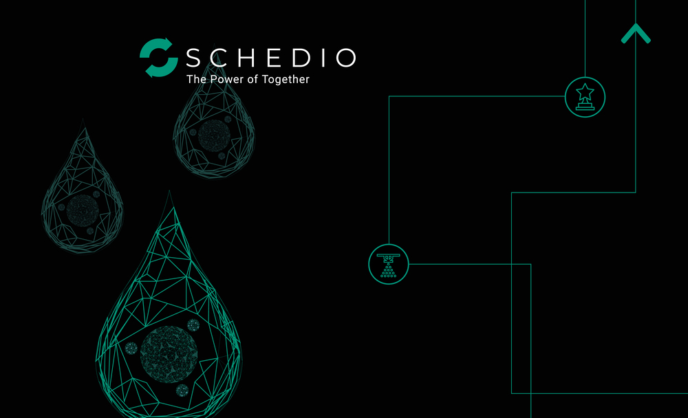 Stylized graphic featuring the Schedio logo and wireframe droplets, symbolizing precision in liquid and particle-based processes.