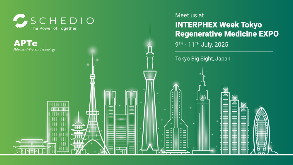 Schedio promotional visual for INTERPHEX Week Tokyo – Regenerative Medicine EXPO 2025, featuring a green gradient background and a stylized Tokyo skyline with landmark icons.