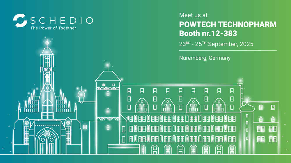 Schedio promotional banner for POWTECH TECHNOPHARM 2025 in Nuremberg, Germany, featuring a green gradient background and stylized illustration of the city’s landmarks.