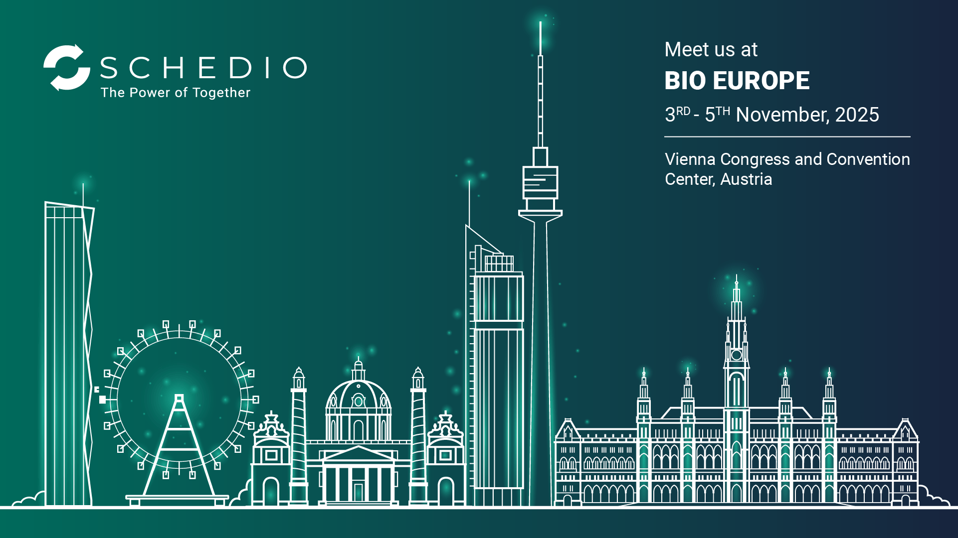 Schedio banner for BIO-Europe 2025 in Vienna with city skyline