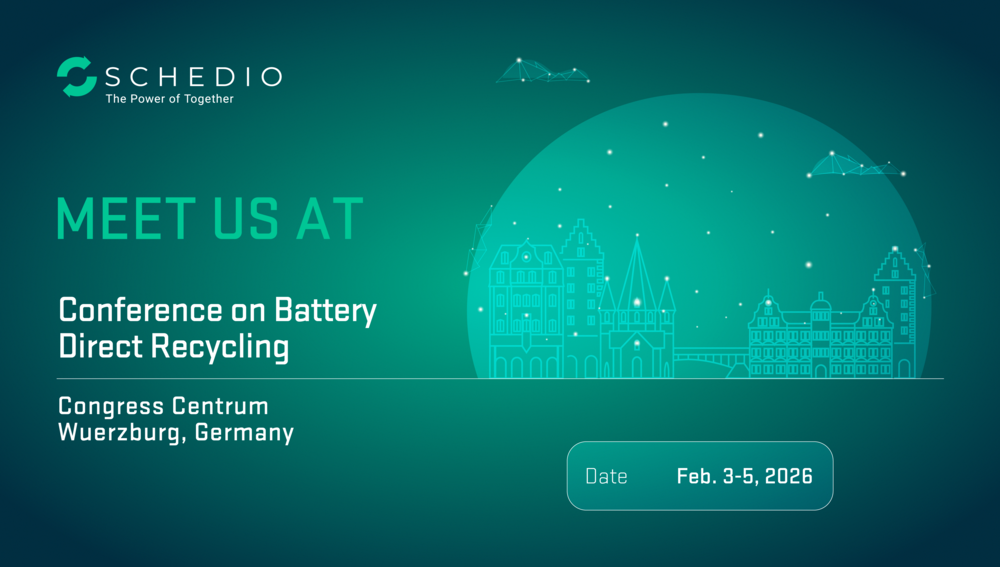 Visual for the Conference on Battery Direct Recycling in Wuerzburg, where Schedio participates with its industrial processing solutions