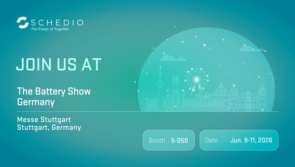 Visual for The Battery Show June 2026 in Stuttgart, where Schedio will be present