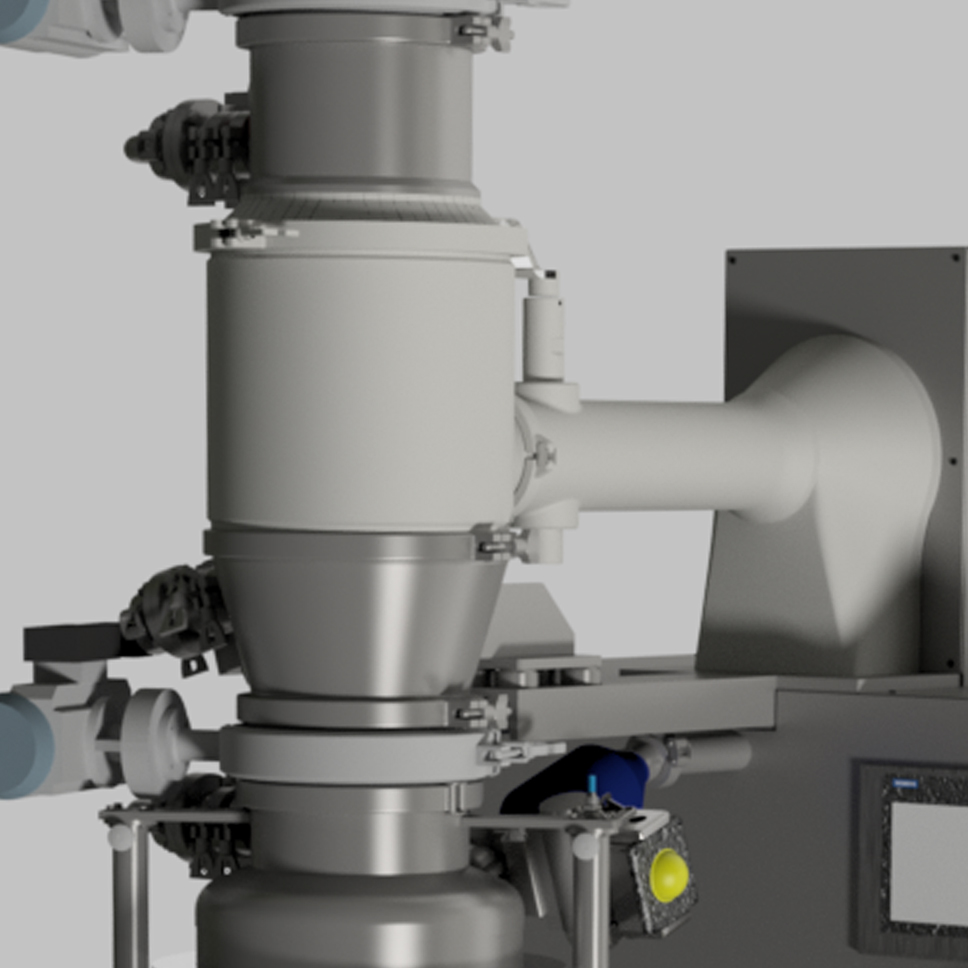 Close-up of an industrial milling machine, featuring a cylindrical component connected to various pipes and valves, designed for precision milling operations.