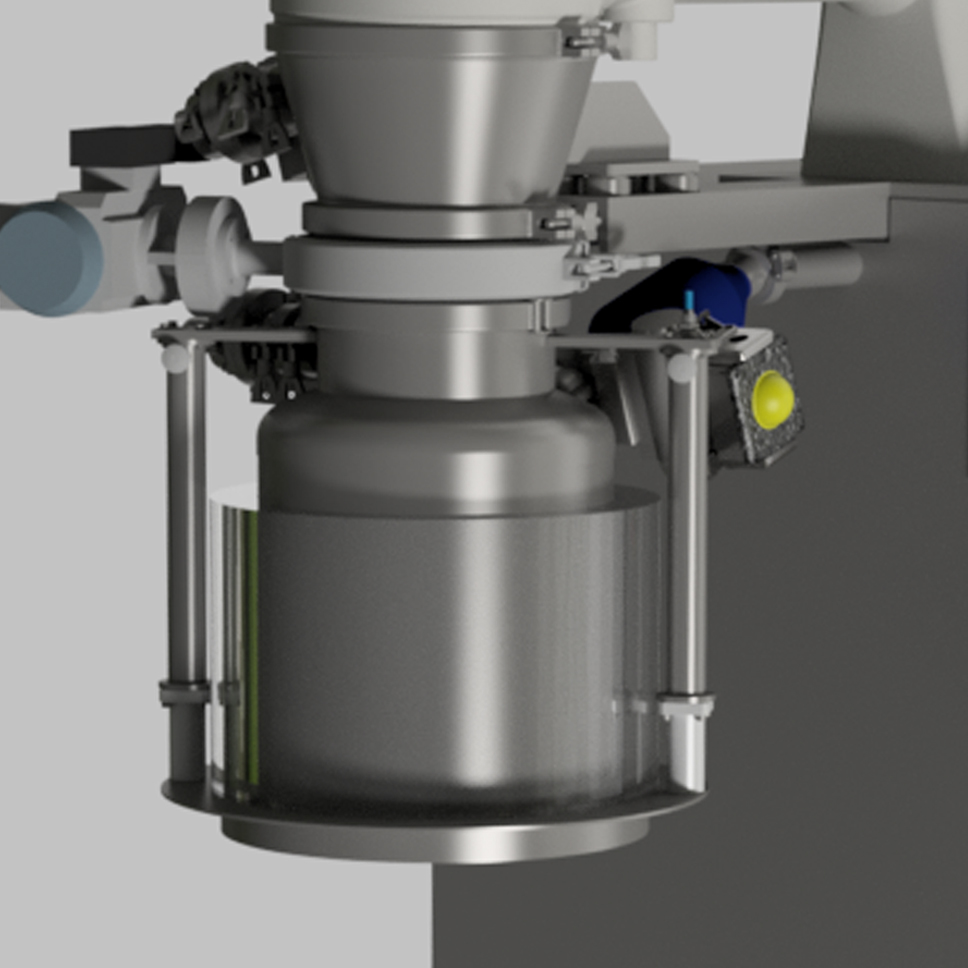 Detailed view of an industrial milling setup, highlighting the cylindrical processing unit and a collection container below, used for material grinding and milling.