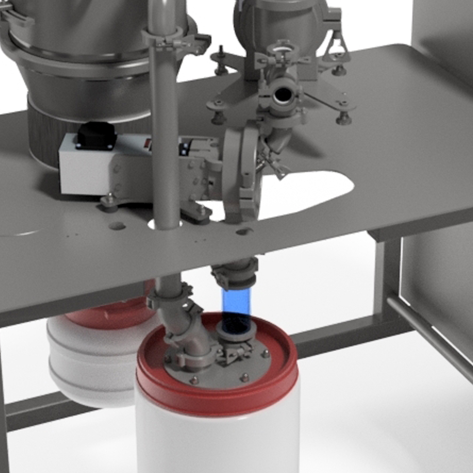 Overview of an industrial milling system with multiple interconnected components, including pipes, valves, and collection containers, designed for efficient material processing.