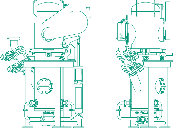Technical schematics of industrial milling equipment, showcasing various views and detailed components.
