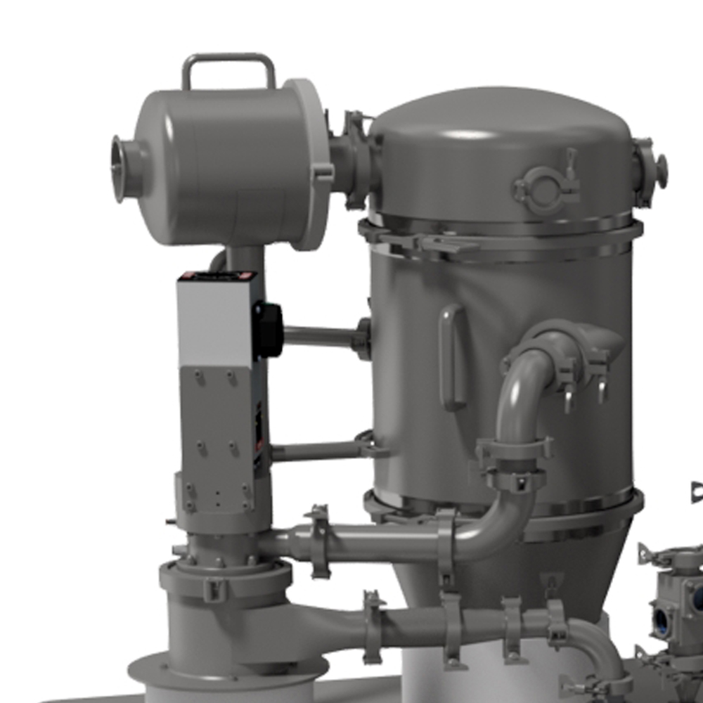 Side view of a large industrial filtration system with multiple pipes and connections, including a cylindrical container and a control unit.