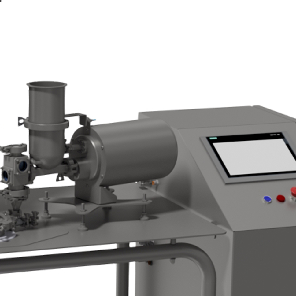 Industrial setup featuring a control panel with a display screen and various components, including a cylindrical part connected to the main unit.