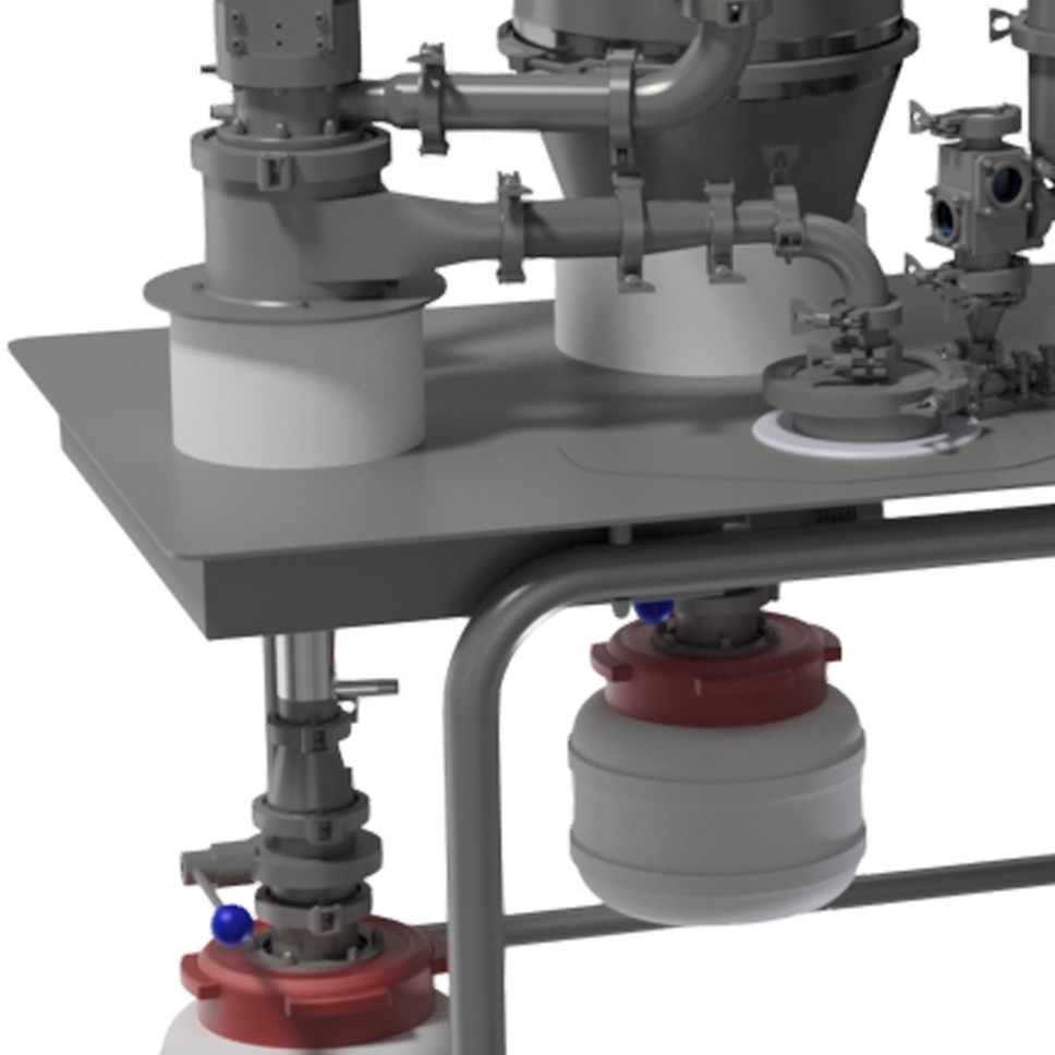 Detailed view of the lower part of an industrial setup, highlighting multiple containers and pipe connections beneath a metal table.