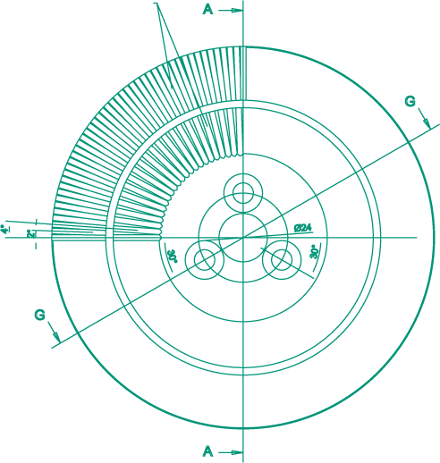 Technical drawing of a circular industrial component with detailed measurements and cross-sectional lines.