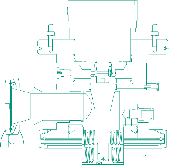 Cross-sectional technical drawing of a complex industrial machine, displaying internal components and assembly details.