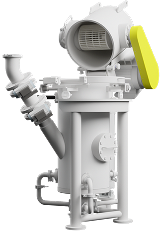 Industrial filtration system with a large cylindrical container, multiple pipes, and a yellow lever, designed for heavy-duty processing.