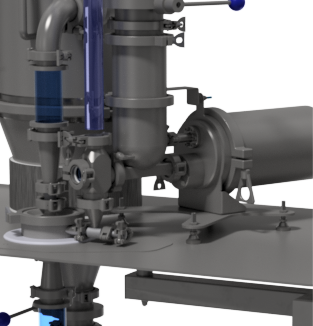 Close-up of an industrial equipment section with multiple interconnected pipes and valves, designed for precise fluid or material processing