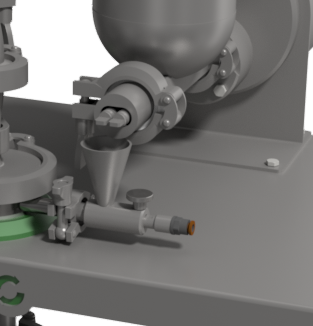 Detailed view of an industrial setup showing a funnel and connected components for precise material transfer and processing.