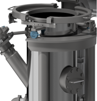 Close-up of an industrial machine's internal components, showing a secure connection of a pipe and valve assembly for material processing.