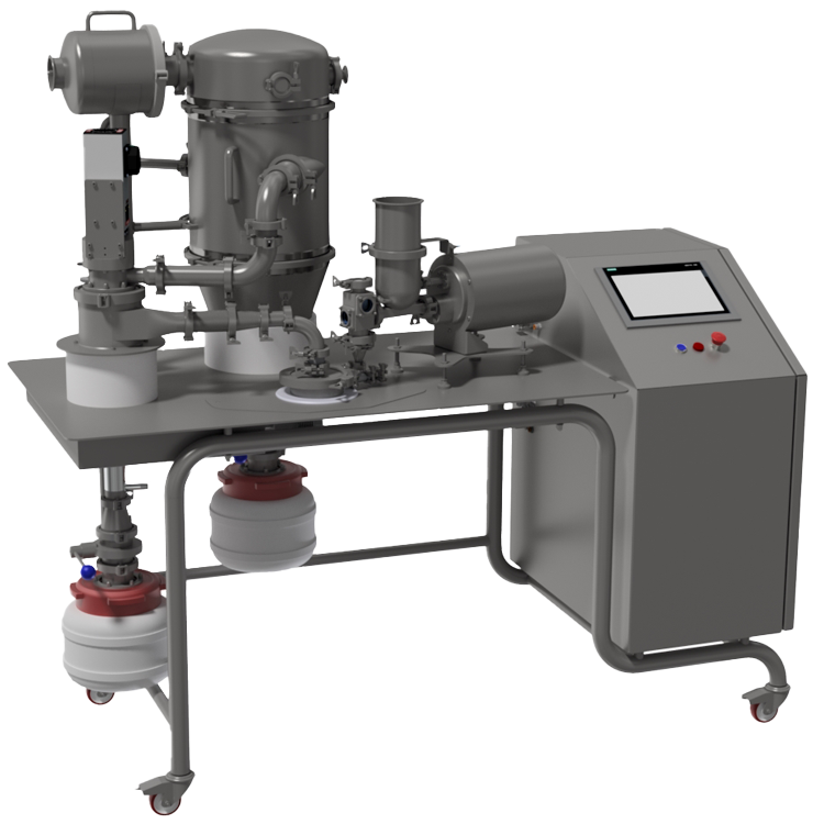 Overview of an industrial micronization machine, featuring interconnected components and a control interface, designed for precise particle size reduction.