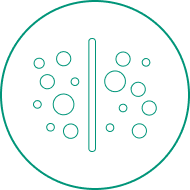 Icon representing particle separation or filtration with a vertical line dividing two sets of particles in a green outline.
