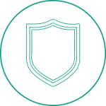 Icon of a shield symbolizing protection or security in a green outline.
