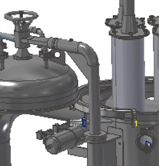 Industrial setup featuring a large container with a lid and interconnected pipes, designed for efficient material or fluid processing.