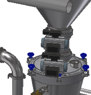etailed view of an industrial machine's upper section, highlighting the hopper and multiple pipe connections for material transfer and processing.