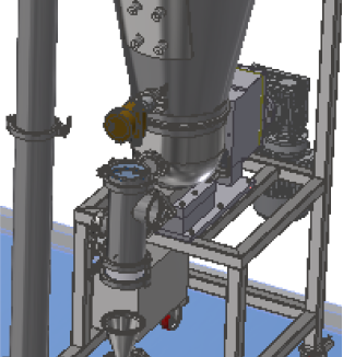 Side view of an industrial processing machine, showing the hopper, support structure, and connected piping system for efficient material handling.