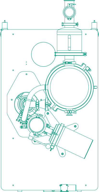 Cyan technical blueprint of a complex mechanical apparatus, featuring various circular and linear components.