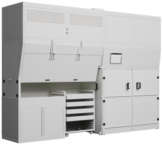 Industrial processing equipment with multiple circular windows and control panel, designed for a controlled environment and precise operations.