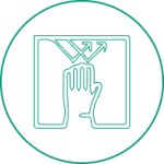 Icon depicting a hand interacting with a machine, symbolizing touch sensitivity and interaction.